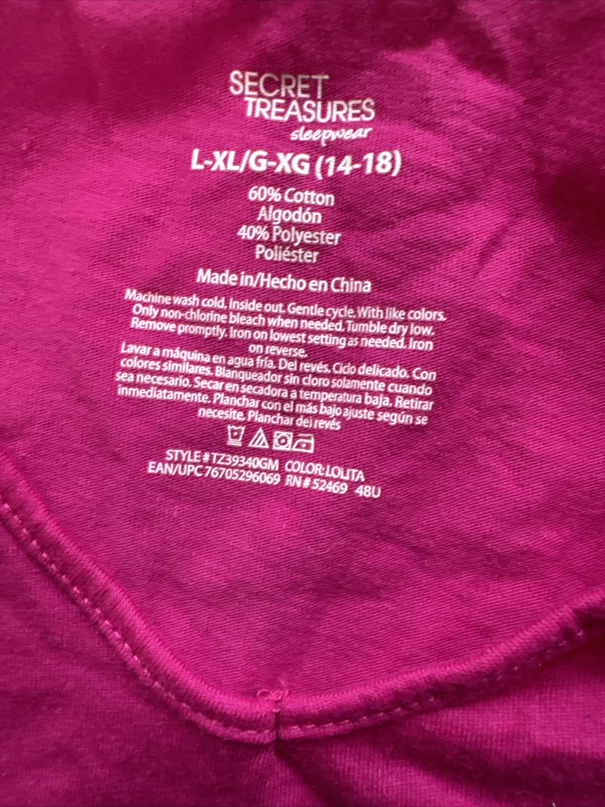 Secret Treasures cotton blend women pink novelty sleep shirt size L/XL