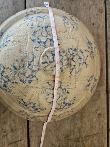 Primitive Antique Stoneware Large Handmade Blue Glazed Interior Crock Lid Cover - Picture 2 of 22