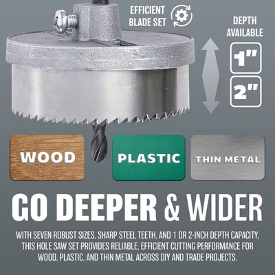 NT 7PC 1" DEEP STEEL HOLE SAW CUTTER BLADES DRILL BIT SET 25MM DEPTH CUTTERS NEW