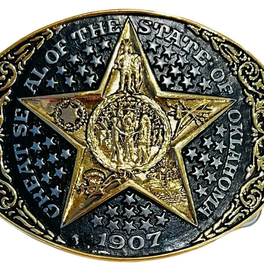 VTG Award Design Medals Great Seal of Oklahoma 1907 24KGP Western Belt Buckle - Image 2 of 4