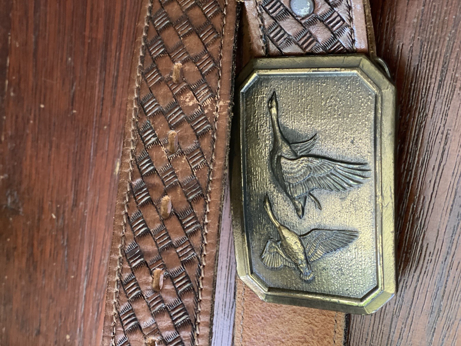The Great American Belt Co. Chicago Serial # 521 Belt Buckle Geese/Duck & Belt