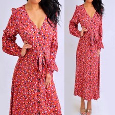 ANN TAYLOR LOFT Rust Brown Blue Pink Belted Long Sleeve Dress M Medium