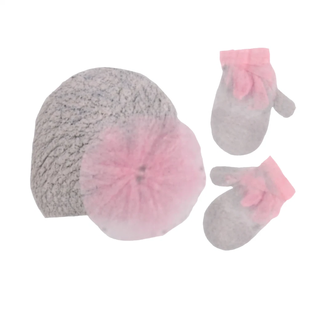 Koala Beanie Hat & Glove 2 Piece Kids S (18-24M) Grey Pink Tulle Poof Knit RED85