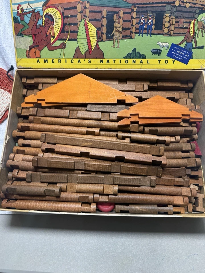 Juego de juguetes de lujo vintage raro grande Lincoln Log 5-LTF + bolsa de malla + figuras de metal Foto 4 de 4