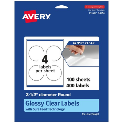 #ad Avery Glossy Clear Round Labels Sure Feed Technology 3.5 Diameter 400 Glossy $56.12