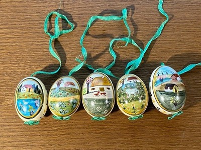 Ostereier, handbemalt, Echtes Hühnerei, ländliche Szenen und Tiere, 5 Stück