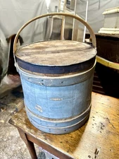 Antique Wood Firkin Sugar Bucket w/ Lid Old Blue Paint Primitive
