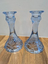 Pair x2 Vintage Blue Pressed Glass Candle Holders Spring Table Decor H16cm