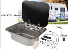 For Campervan Caravan RV Stainless Steel Hand Wash Sink W/ Glass Lid & Faucet