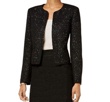 NWT Nine West Black Sequin Tweed Crop Jacket Size 14 Open Metallic Blazer L Open