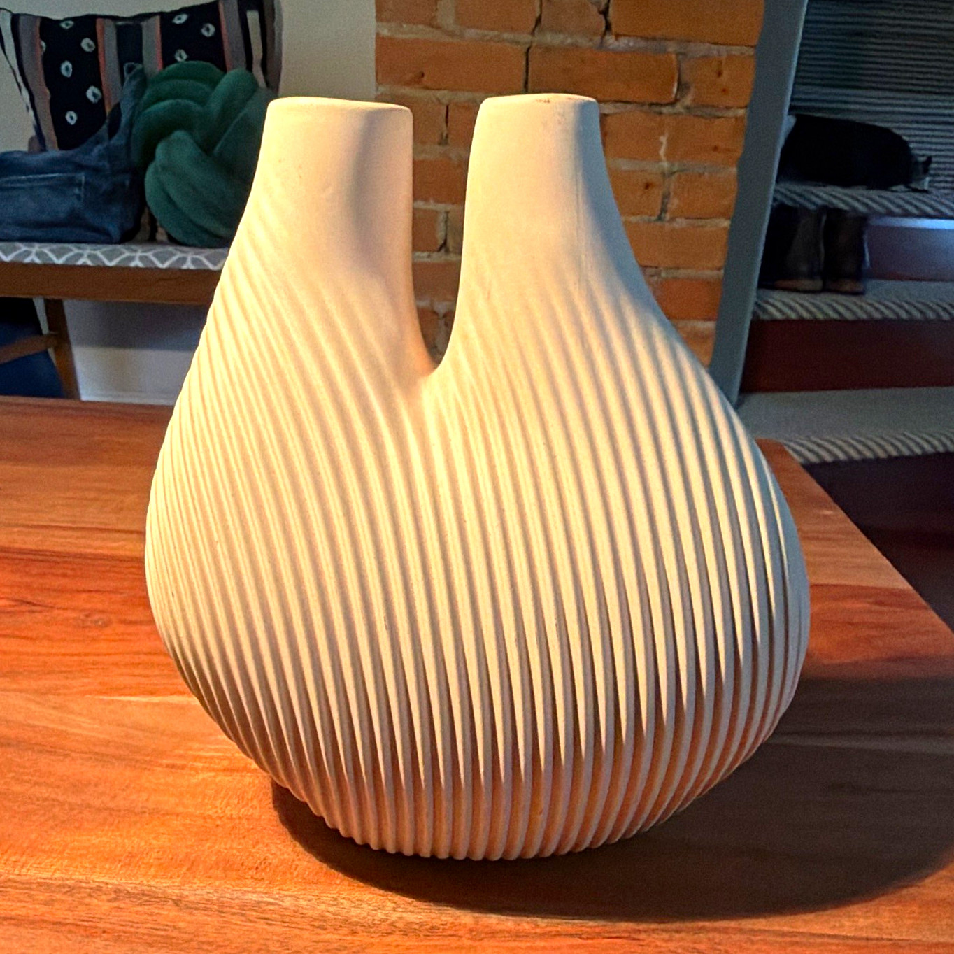 HAY Wang & Soderstrom Beige Ribbed Double Opening Matte Flower Vase 10 in