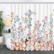 MEHOFOND Easter Bunny Floral Shower Curtain Set with Hooks Spring Watercolor