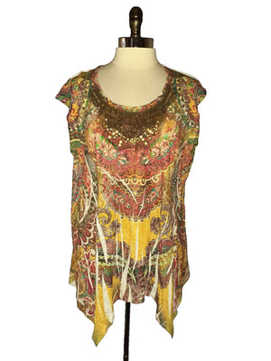CATO Plus Size 2X 18W 20W Shirt Top Brown Red Yellow Floral Wooden Beads 