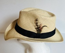 David Morgan Panama Fedora Straw Mens Hat Feather Natural Medium 7-7 1/8 UPF 50+