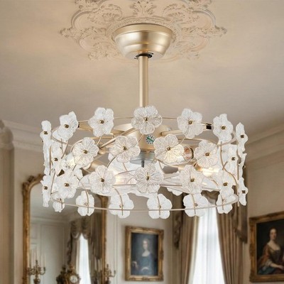 Jorbeca 20in Gold Caged Ceiling Fan with Light,Flower Crystal Fandelier,Remote