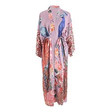 Floral Peacock Print Kimono Lounge Robe with Belt Sleepwear Beach Cover up
