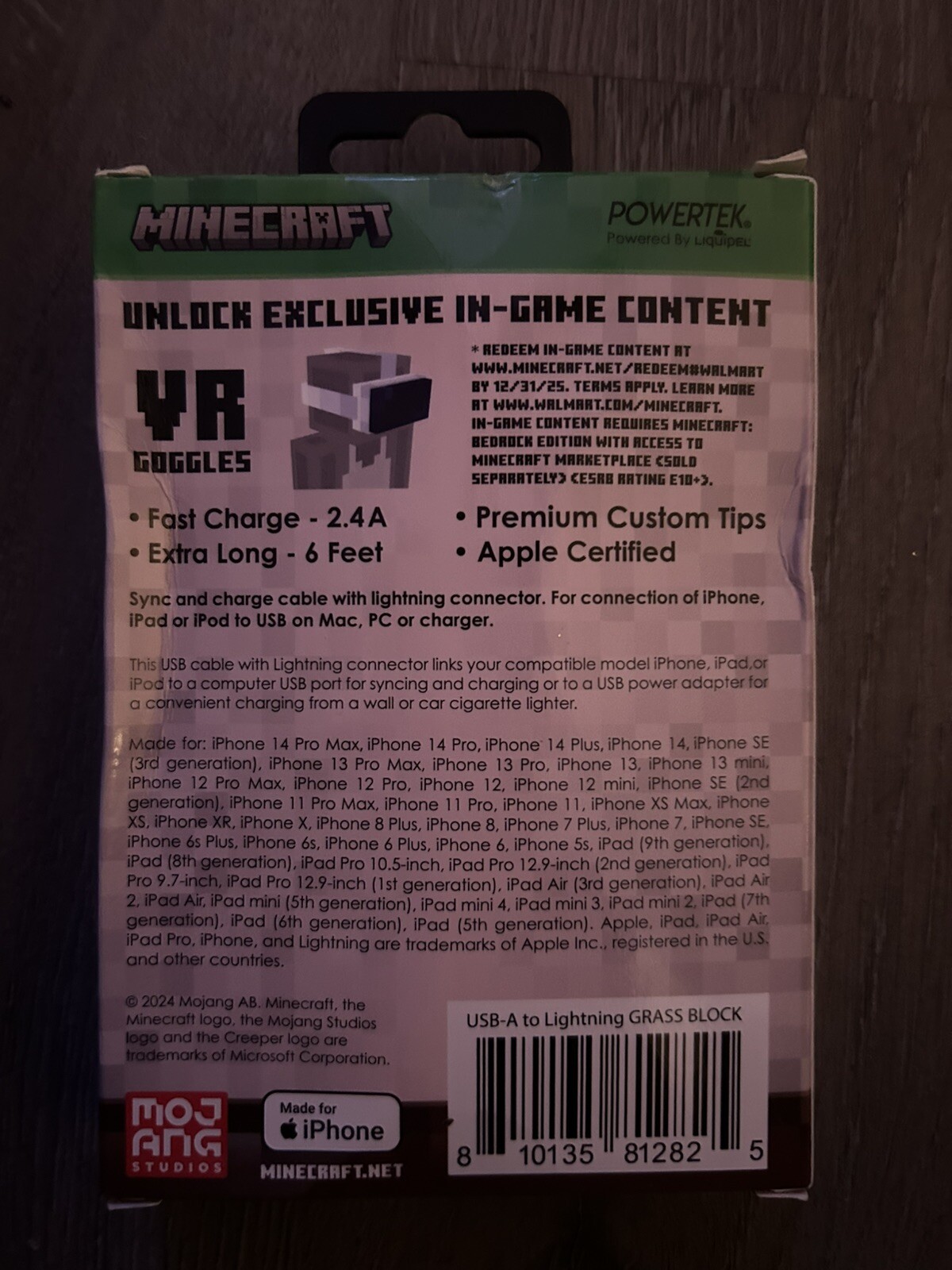 Minecraft Powertek USB-A 6ft Cord Fast Charge (iPhone)