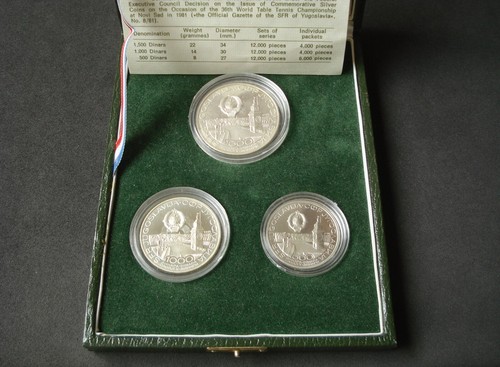 Jugoslawien, 1500 + 1000 + 500 Dinara Set, 1981, Silber, SPENS, Tischtennis - Bild 2 von 10