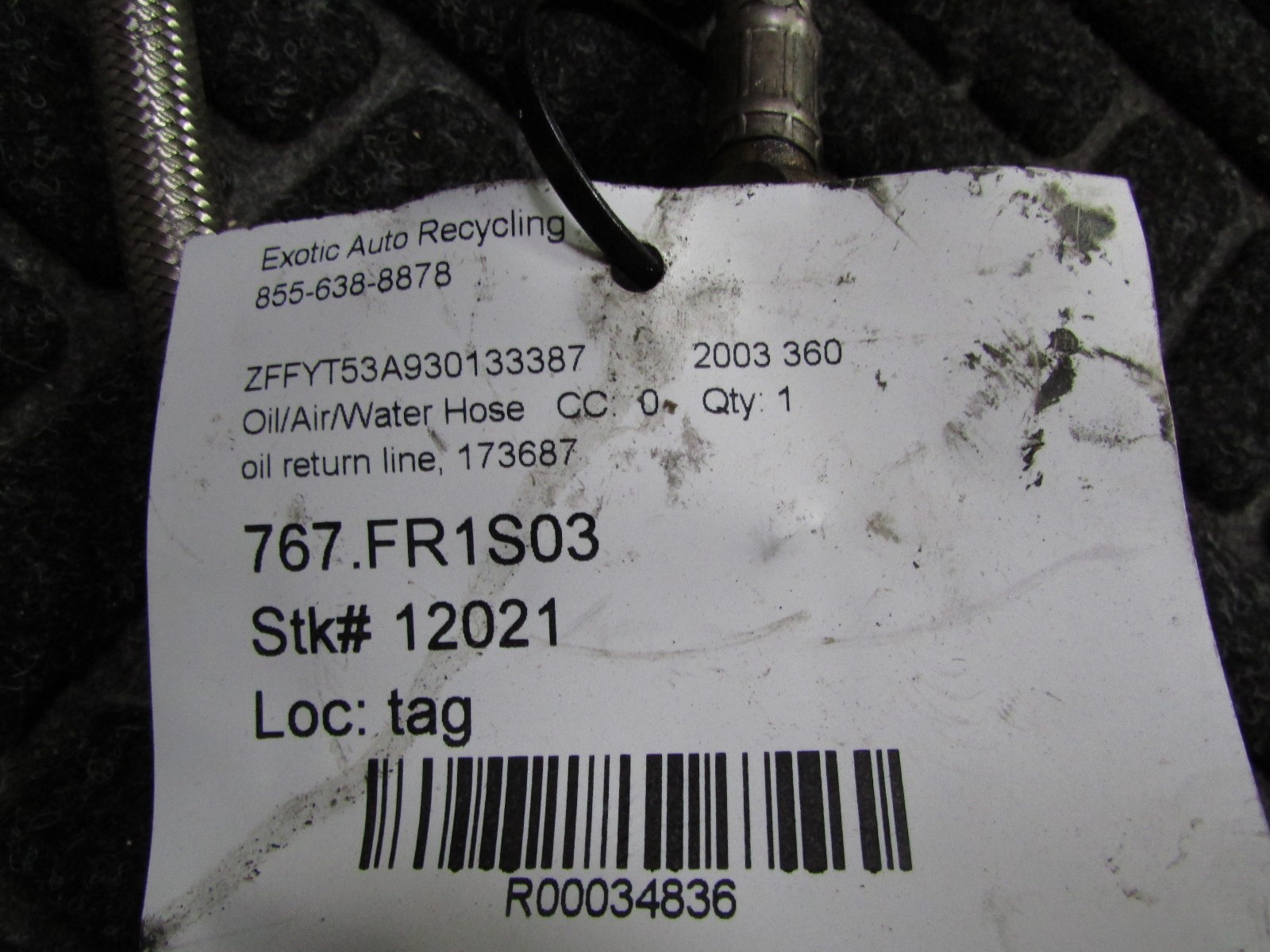 Ferrari 360, Transmission Oil Return Line, Oil Hose, Used, P/N 173687