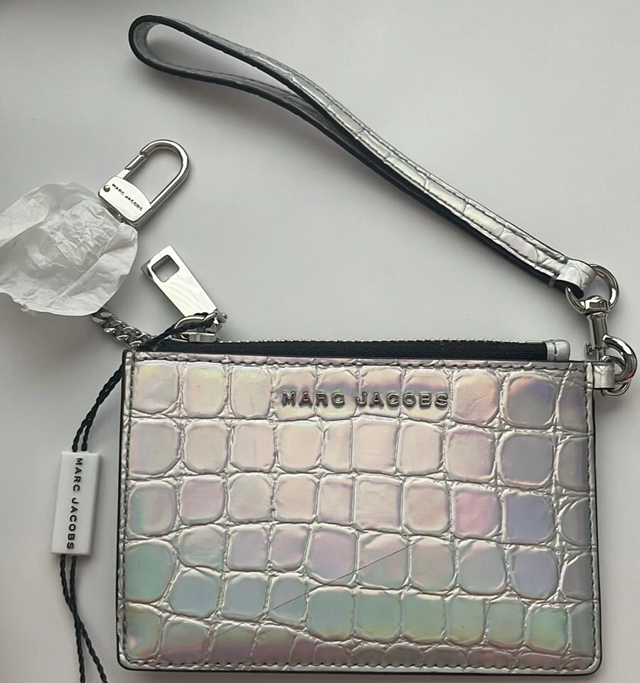 Marc Jacobs Logo Silver Croc Embossed Leather Zip Pouch Wristlet + Clip  -Defect*