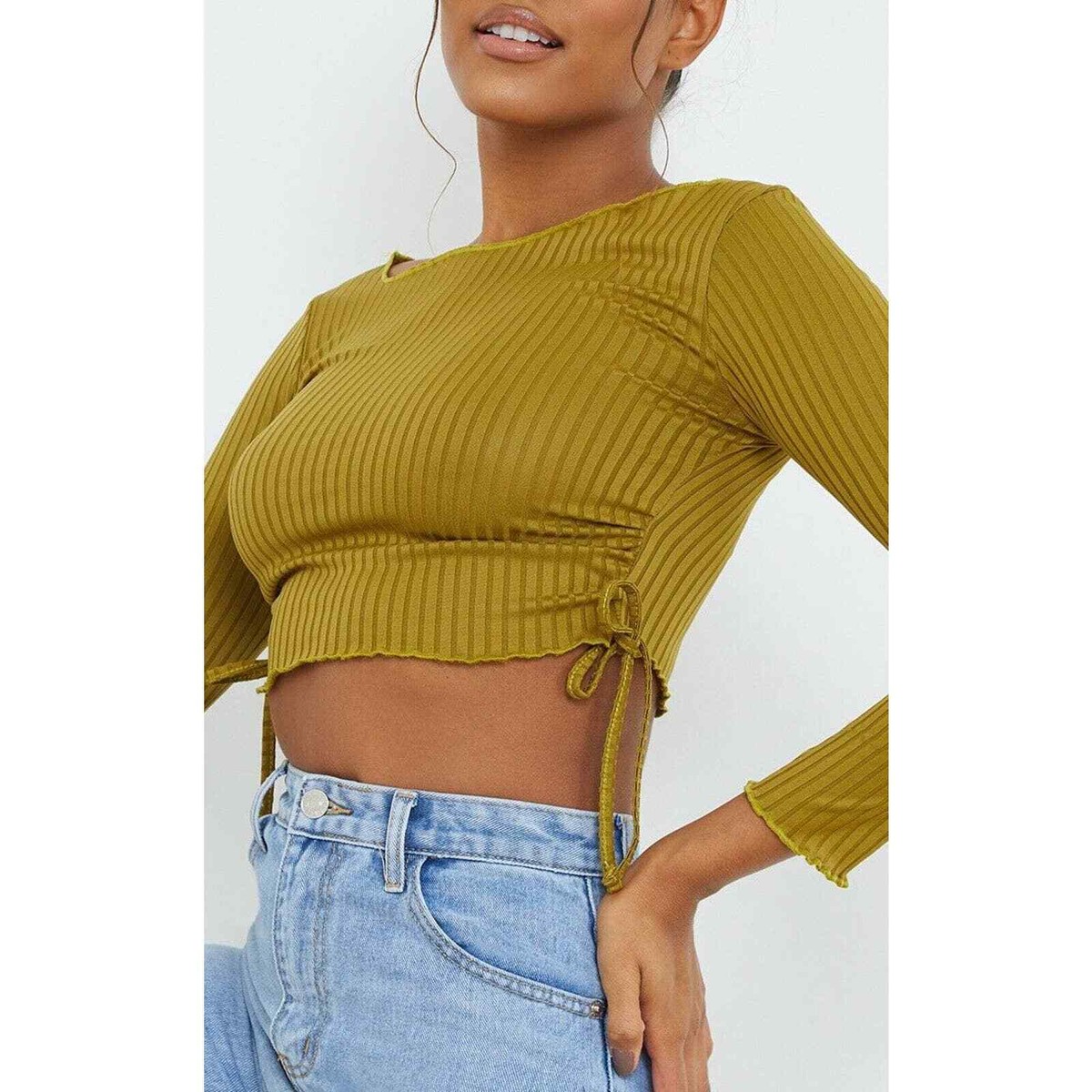 Pretty Little Thing Olive Rib Ruched Side Long Sleeve Top US 0 UK 4 | eBay  UK
