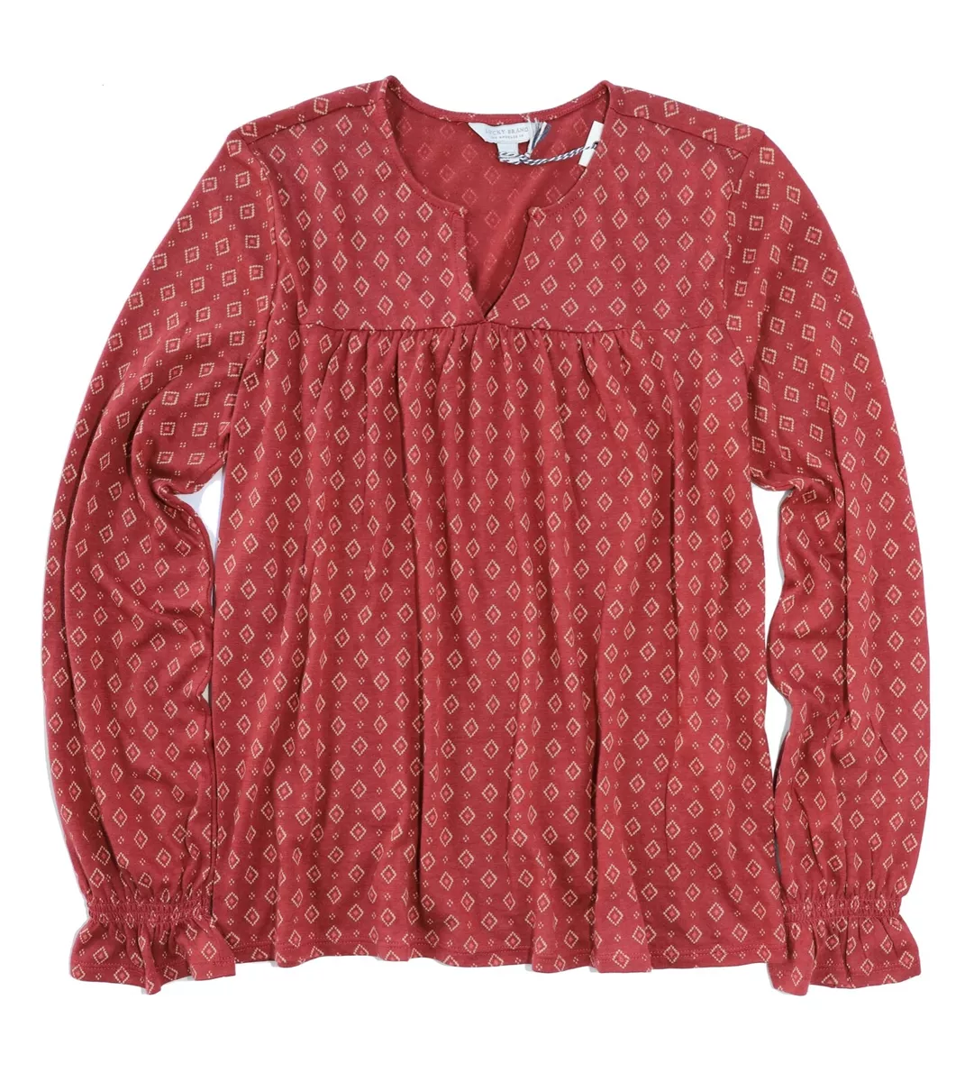 Lucky Brand Women's XS - NWT$49 - Red Diamond Bandana Pin Tuck Peasant Knit Top