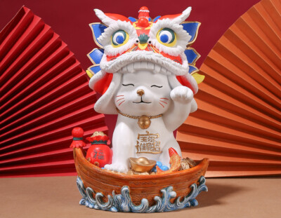 Wealth Cute Luck Cat 10.6'' Figurine With Lion Dance Mask Gift