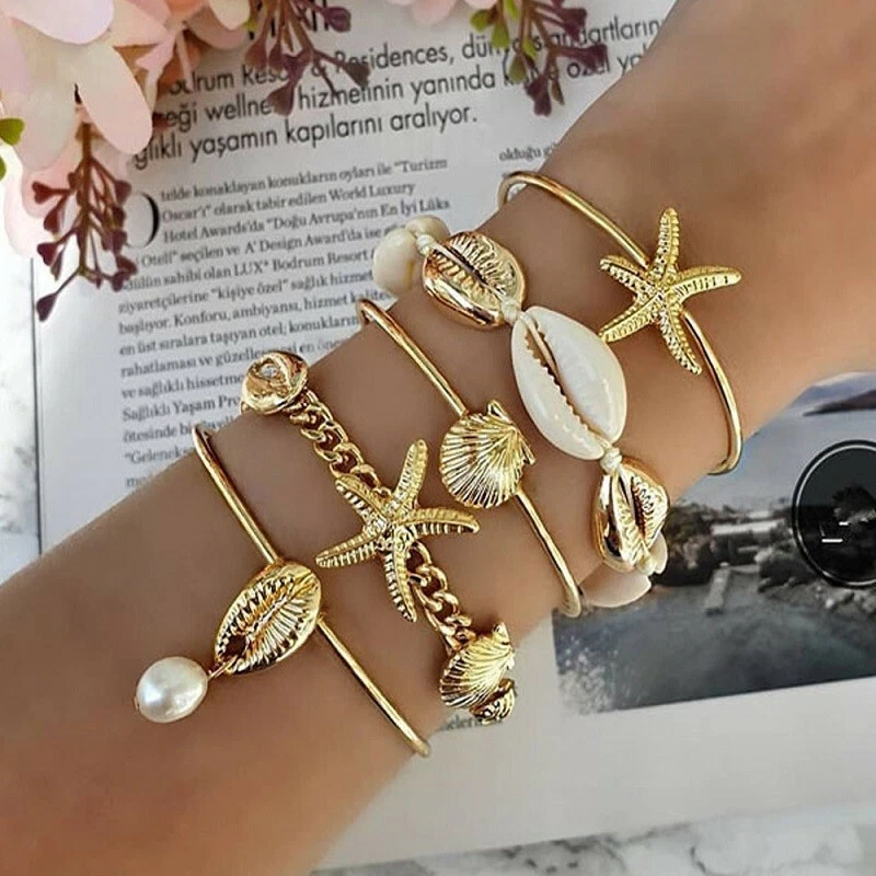 Shell Summer Multi Layer Pendant Gold Charm Sea Star Bracelet Bangle Bead Chain