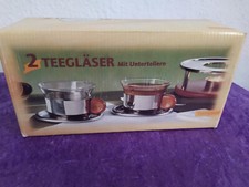 2 Teegläser mit Untertellern aus Edelstahl Teeglashalter mit Buchenholzgriffen