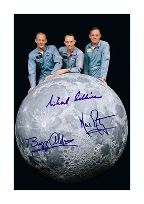 Apollo 11 mit Mond Modell Reproduktion Autogramme A4 Poster Rahmenwahl