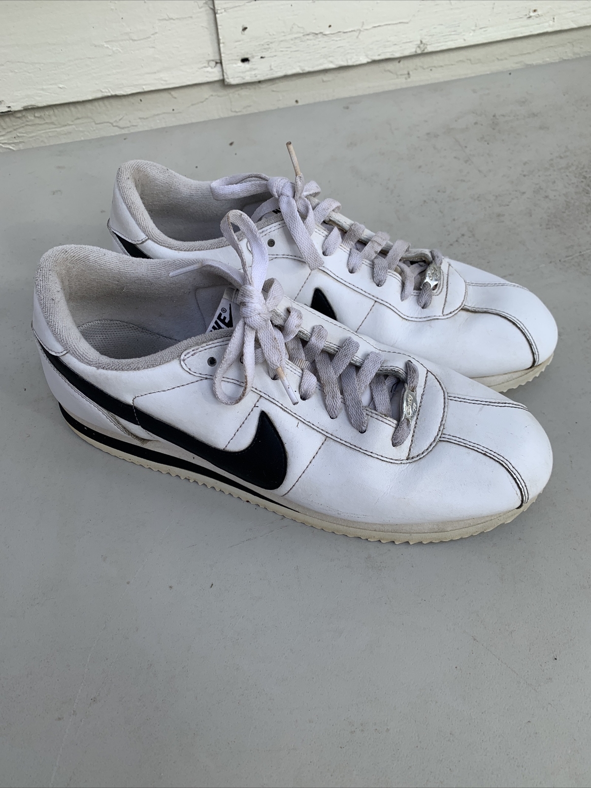 White Leather Black Swoosh Shoes Size 