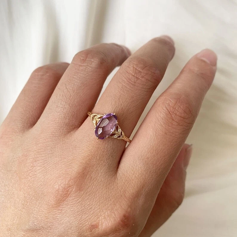 Antique Oval Cut Amethyst 14K Yellow Gold Plated Silver Art Deco Engagement Ring - Image 2 of 4