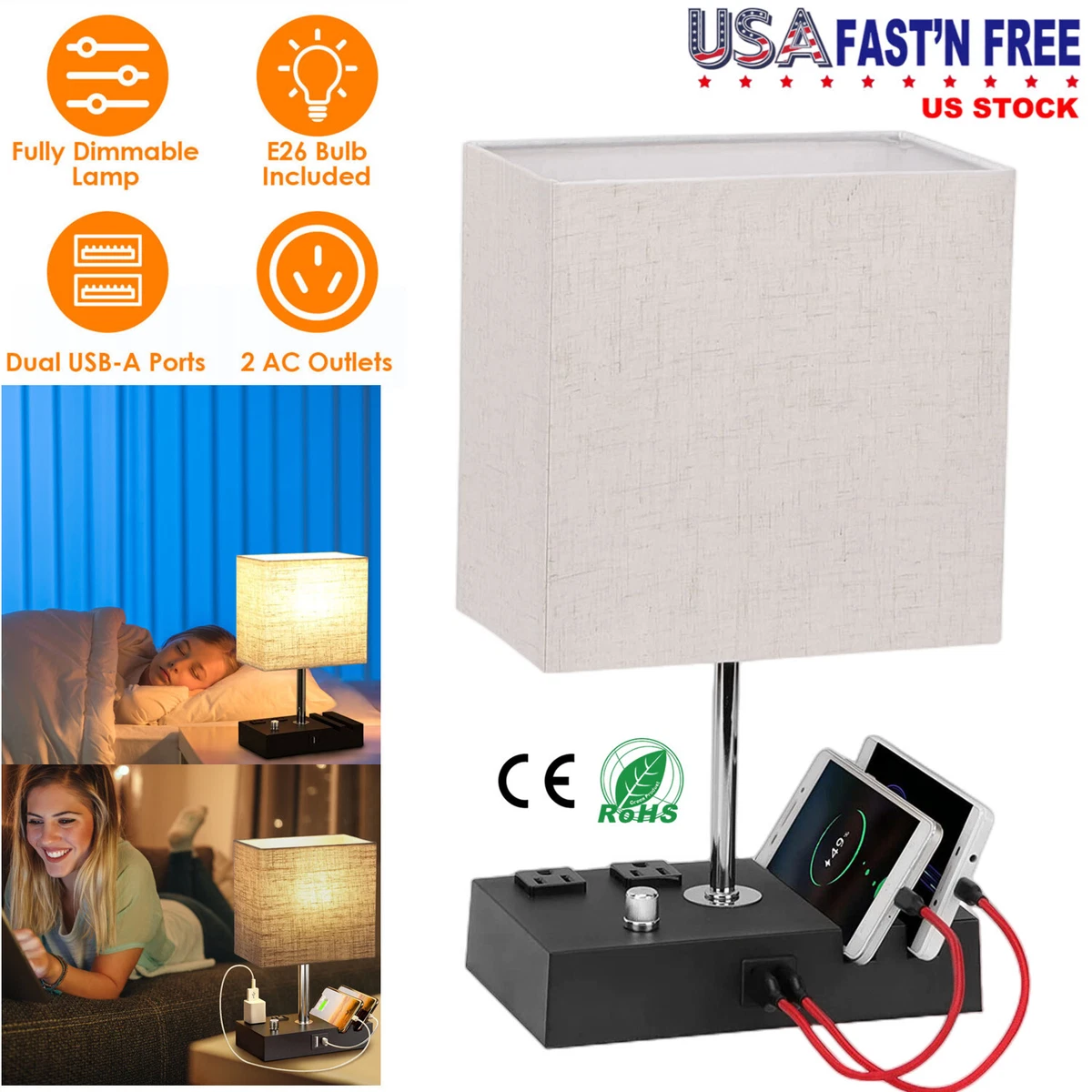 Dimmable Table Lamp With USB Charging Station Lampshade Decor LED