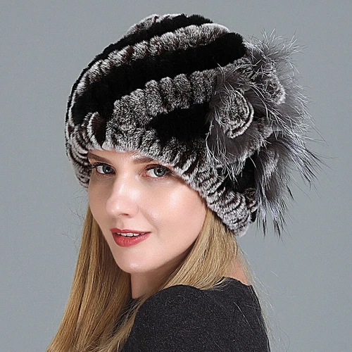 Damen Echt Rex Kaninchenfell Beanie Mütze Winter Warm Mütze mit Fuchs Handarbeit Geflochten - Bild 31 von 52