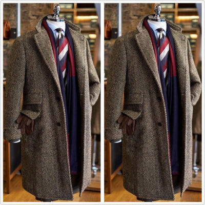 Men Herringbone Tweed Vintage Long Jacket Coat Groom Tuxedo Prom Warm Blazer