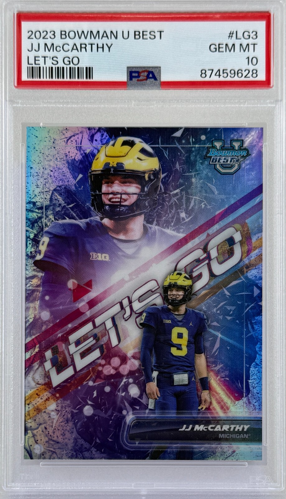 JJ McCarthy 2023 Bowman Best Let's Go SSP Michigan - Vikings PSA 10