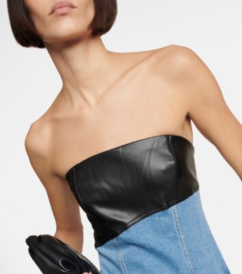 STAUD SERENITY DRESS MEDIUM WASH Denim BLACK Faux Leather Sz 00 NWT  Strapless | eBay