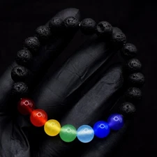 Black Lava & Seven Chakra 79.00 Cts  Stretchable Bracelet Beaded VK 07 E612
