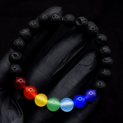Black Lava & Seven Chakra 79.00 Cts  Stretchable Bracelet Beaded VK 07 E612