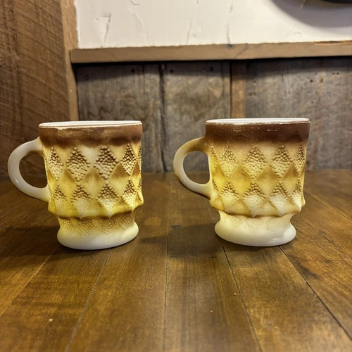 Anchor Hocking Fire King Kimberly Diamond Coffee Mug Brown Yellow Set Of 2 Vtg