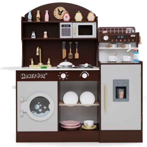 Kids Kitchen Set Wooden Kitchen Playset with Clock, Microwave, Sink, Dish Rack