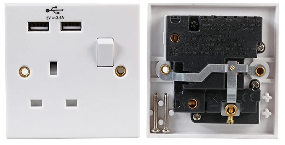 Single 1 Gang Wall Socket 13A With Twin USB Charger Port Plug Switched Socket - Image 3 of 4