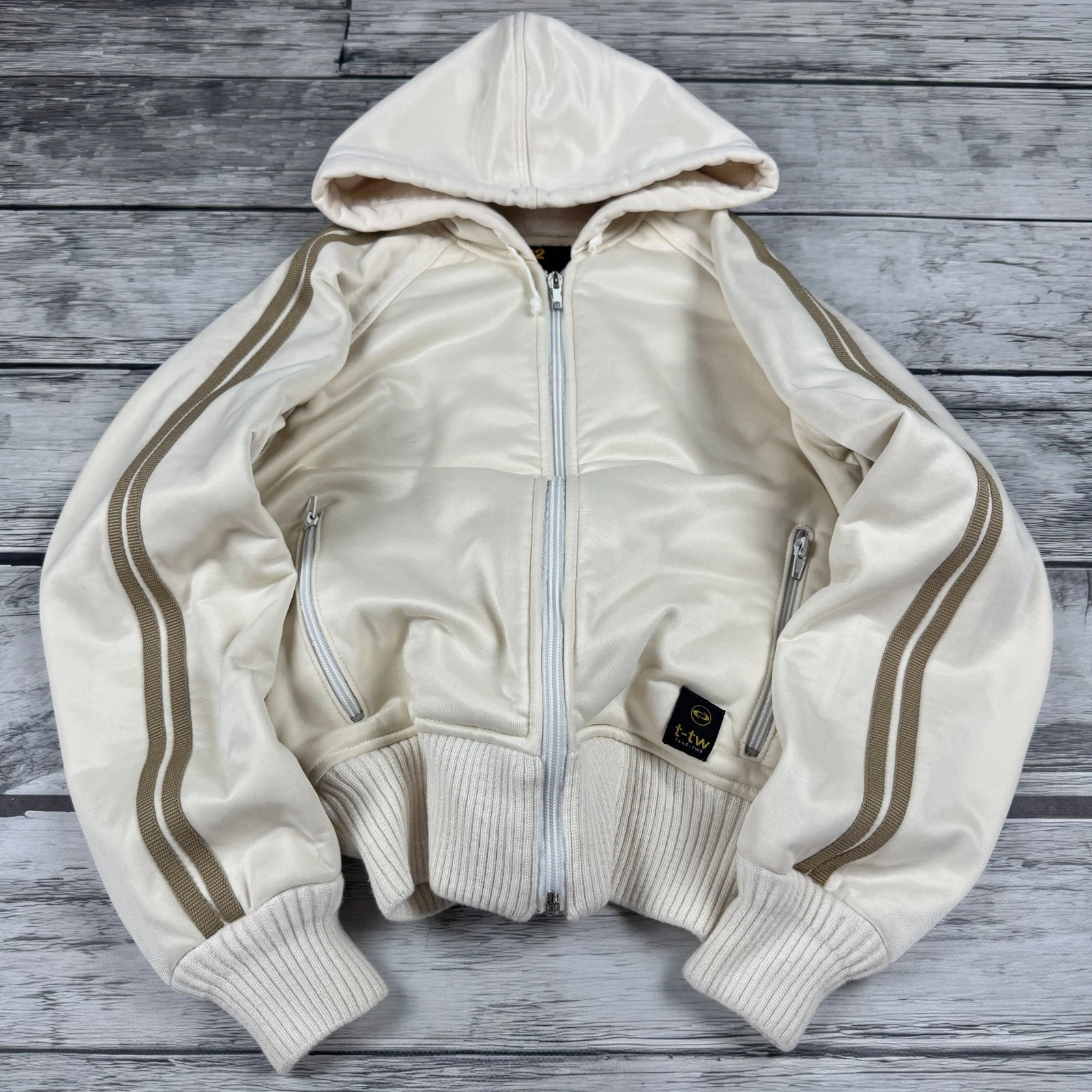 Y2K Take-Two Cream Zip Hoodie Track Jacket Ribbed Cropped Streetwear Full Zip