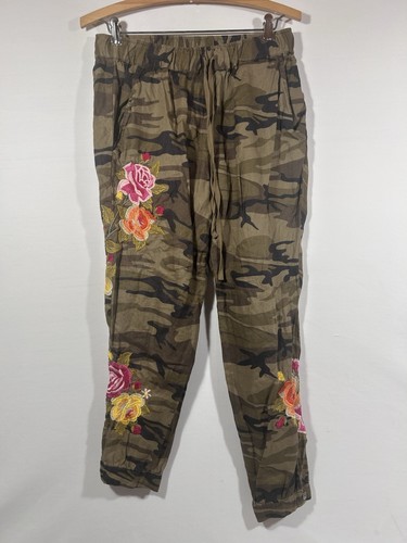 Johnny Was Los Angeles Camouflage Leinen Jogginghose XS Blumenstickerei BOHO