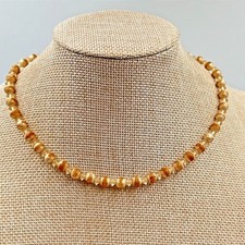 VTG Faux Pearl Choker Necklace Gold Tone Cream Mottled Beads Rhinestone Clasp