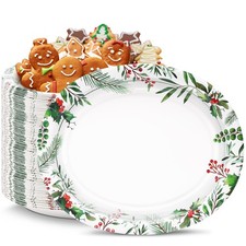 50 Count Oval Christmas Plates, 12"x10" Heavy Duty Paper Plates with Holly Le...