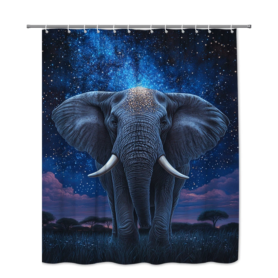 Elefante Cortina de Ducha Noche Estrellada Safari Animal Vida Silvestre Baño Decoración Azul Foto 3 de 4