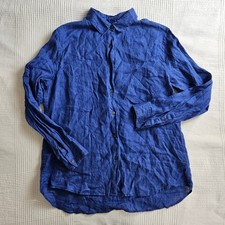 Uniqlo Linen Blend Button Down Minimalist Shirt Blue Long Sleeve Women L
