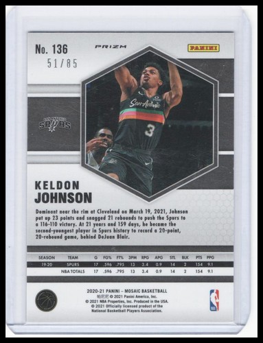 2020-21 Panini Mosaic - Keldon Johnson - Mosaic Fast Break Blue #/85 - Picture 2 of 2