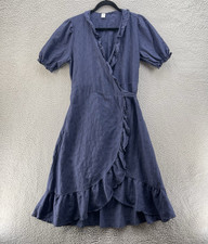 Old Navy Dress Womens Medium Blue Embroidered Wrap Ruffle Midi Short Sleeve